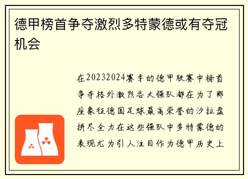 德甲榜首争夺激烈多特蒙德或有夺冠机会