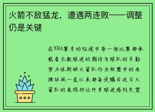 火箭不敌猛龙，遭遇两连败——调整仍是关键